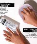 Hands using Gel Nail Polish Remover Kit With 8 Oz Pure Acetone Nail File Soak Off Bowl Buffer Block Cuticle Pusher And Scraper