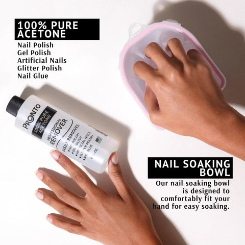 Hands using Gel Nail Polish Remover Kit With 8 Oz Pure Acetone Nail File Soak Off Bowl Buffer Block Cuticle Pusher And Scraper