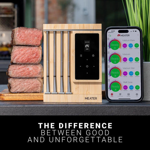 Four Probe Wireless Smart Meat Thermometer For Grill, BBQ, Oven, And Sous Vide With Bluetooth And WiFi 1000F Heat Resistance Ultra Accurate Probes displayed with smartphone app and cooked meat slices.