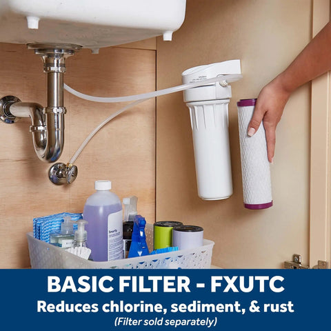 Whole Home Water Filtration System With Install Kit Reduces Lead Asbestos Chlorine And More, under-sink view with filter FXUTC.