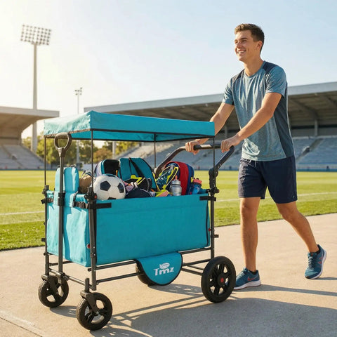 Man pushing Collapsible Wagon Cart With Side Opening Seats For Outdoor Trips Foldable Utility Wagon in turquoise with sports gear