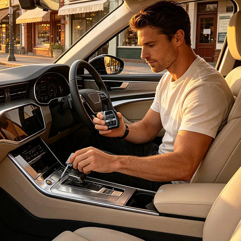 Heavy Duty Silver Rim Repair Paint For Wheels And Auto Hubs Fast Drying Scratch Coat used inside a luxury car with beige leather.
