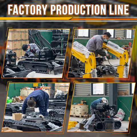 Factory production line assembling Mini Excavator Rake Attachment For 0.8 To 1.8 Ton Machines, showcasing precise machinery work.