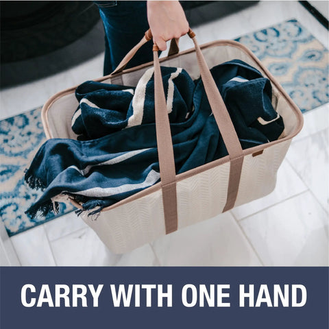Person carrying a cream Collapsible Laundry Tote Two Pack 50L Foldable Carry All For Laundry Car Trunk RV Dorm And Home Organization
