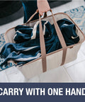 Carrying Dope Collapsible Laundry Tote 2-Pack 50L Foldable Carry-All Storage Bin with Luxe Cotton Blend and Vegan Leather Accents in Mocha