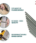 Double Edged High Speed Steel Planer Blades Reversible Jointer Knives Pack Of Ten Heavy Duty Woodworking Replacement Parts Tough As Nails Precision Ground For Smooth Cuts And Killer Finish On Hardwood Projects showing fitment and quality details.