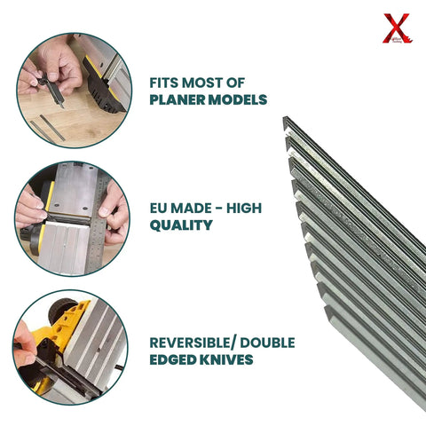 Double Edged High Speed Steel Planer Blades Reversible Jointer Knives Pack Of Ten Heavy Duty Woodworking Replacement Parts Tough As Nails Precision Ground For Smooth Cuts And Killer Finish On Hardwood Projects showing fitment and quality details.