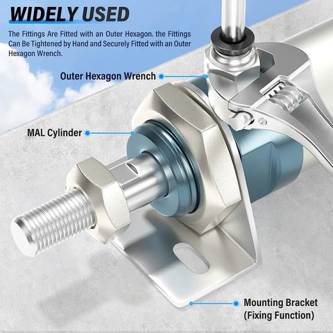 Close-up of MAL cylinder with outer hexagon wrench fitment and mounting bracket for pneumatic systems