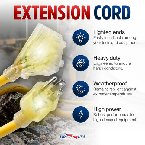100Ft Outdoor Indoor Extension Cord 3 Outlet Heavy Duty 12 Gauge 3 Conductor SJTW Waterproof Flexible Cold Weather Power Cord 15A 125V 1875W Yellow For Home Garage DIY Jobs, yellow plug ends