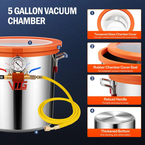 Front view of VTG VOGTEN 5-gallon stainless steel vacuum chamber with orange lid, gauge, and yellow hose