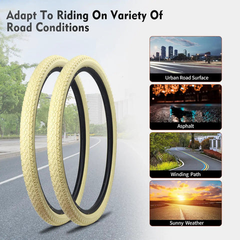 24x2.125 Inch Beach Cruiser Tire Replacement for 24 Inch Wheels Cream Color with road condition examples