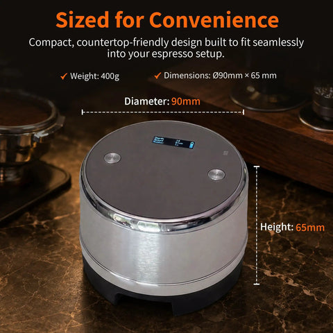 Top Shelf Automatic Espresso Tamper Designed To Hit Different On Every Shot With Dead Simple Adjustable Tamping Pressure And A Heavy Duty Aluminum Build For Zero Sweat Daily Coffee Routines, 90mm diameter, 65mm height.