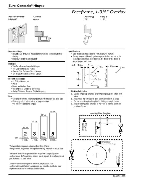 Installation guide for One And Three Eighths Inch Overlay Face Frame Concealed Hinge With Four Way Adjustability Nickel Plated Cabinet Hardware 108 Degree Swing Includes Mounting Hardware Pack Of Two, showing measurements and instructions.