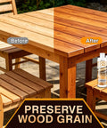 Before and after showing Premium Water Based Wood Stain In Deep Teak Hue on patio furniture, highlighting wood grain preservation.