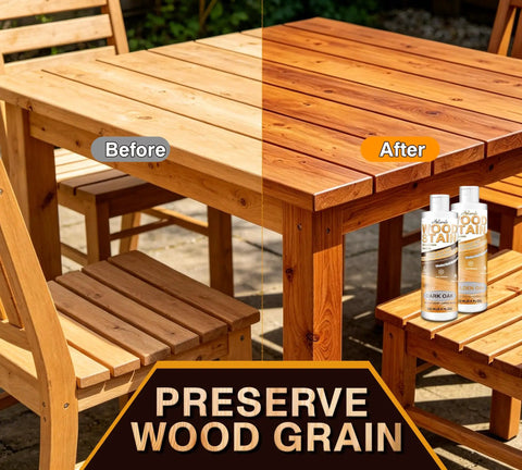 Before and after showing Premium Water Based Wood Stain In Deep Teak Hue on patio furniture, highlighting wood grain preservation.