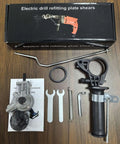 Portable Electric Metal Sheet Cutter Attachment Drill Powered For Fast Roofing Repairs And DIY Metalworking Projects Heavy Duty Performance Quick Cutting Tool parts and accessories on wooden table.