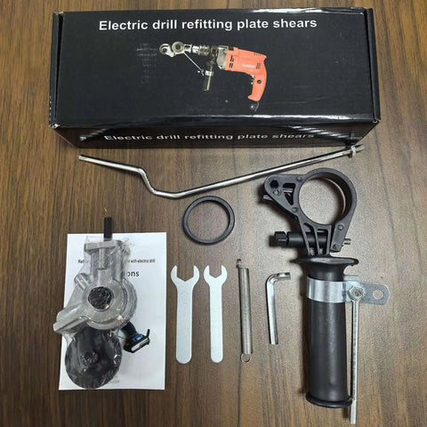 Portable Electric Metal Sheet Cutter Attachment Drill Powered For Fast Roofing Repairs And DIY Metalworking Projects Heavy Duty Performance Quick Cutting Tool parts and accessories on wooden table.