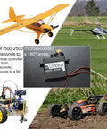 Two Pack 9g Coreless RC Servo Motors With Full Metal Gear, showcased with aircraft, helicopter, robot, and RC car applications