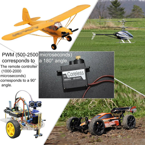 Two Pack 9g Coreless RC Servo Motors With Full Metal Gear, showcased with aircraft, helicopter, robot, and RC car applications