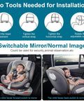 Rear-facing child in a car seat highlighted under "No Tools Needed for Installation" with 7 Inch Car Backseat Monitor guide.