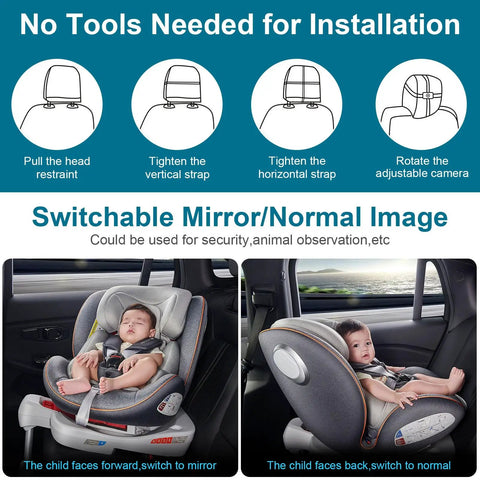 Rear-facing child in a car seat highlighted under "No Tools Needed for Installation" with 7 Inch Car Backseat Monitor guide.