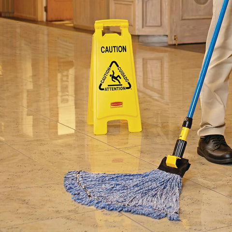 26 Inch Heavy Duty Yellow Caution Sign For Slip Hazards And Wet Floors Twin Sided High Visibility Standup Floor Sign next to a mop on polished floor.