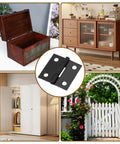 24 Pack Of Solid Black One Inch Metal Hinges With Included Fasteners Quick Hook Up For Drawers Cabinets And Small Craft Boxes Built Tough For Heavy Duty Jobs displayed with various furniture.