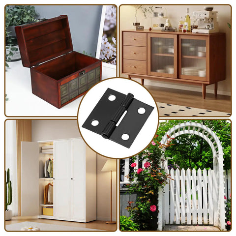 24 Pack Of Solid Black One Inch Metal Hinges With Included Fasteners Quick Hook Up For Drawers Cabinets And Small Craft Boxes Built Tough For Heavy Duty Jobs displayed with various furniture.