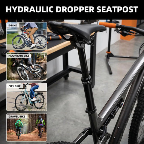 Cable-Less Hydraulic Dropper Seatpost for MTB E-Bike and Road Bikes displayed with bike usage options images.