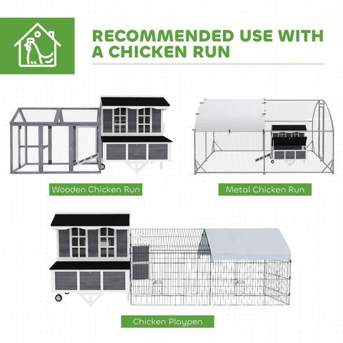 Mobile 43 Inch Chicken Coop With Wheels For Easy Relocation shown with wooden and metal chicken runs and playpen options