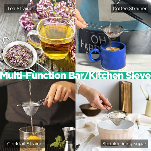 3.3 Inch Fine Mesh Strainer 304 Stainless Steel Cocktail Sieve used for tea, coffee, and flour in kitchen and bar settings