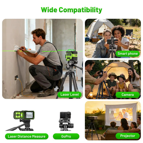 Various uses of Pro Grade Adjustable Laser Level Tripod with 3D 4D laser, camera, and projector in outdoor settings.