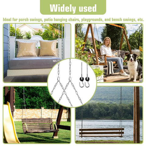 Overview of 7.75 Foot Heavy Duty Porch Swing Chain Kit With 304 Stainless Steel Construction And Zinc Plated Hanging Set For Patio Swings Benches Playgrounds And Porches 800 Lb Capacity 2 Pack installed on various outdoor swings.