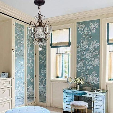 Chandelier Modern Mini Shabby Chic Cozy 1 Light Bronze Farmhouse Crystal Pendant Ceiling Fixture in a decorated girls' room.