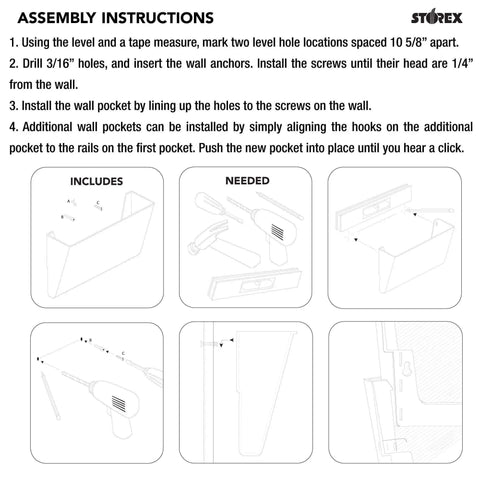 Assembly instructions for Clear Letter Size Wall File Organizer, 2 Pack, Easy Mount With Anchor Screws, Double Sided Tape, And Pocket Clip.