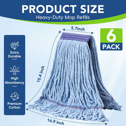 Six Pack Pro Grade Mop Heads Replacement For Heavy Duty Floor Cleaning showing blue looped-end yarn dimensions and features