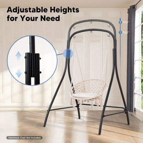 Beefy Heavy-Duty Steel Hammock Chair Stand With 400 Lbs Capacity shown indoors, adjustable height 73.2 to 77.2 inches, black.