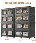 Heavy Duty 600 Gallon Storage Bins 8 Pack Beast Mode Stackable Boxes with Snap on Lids and Grippy Wheels for Major Home Organization Collapsible Plastic Containers in Black with visible contents.
