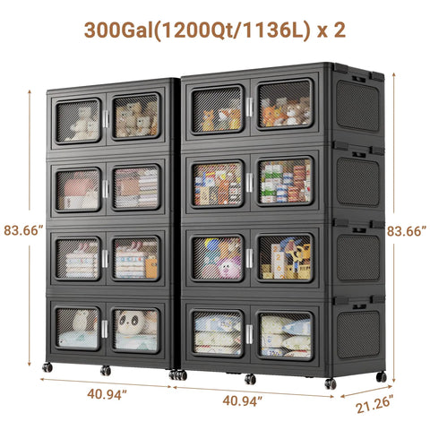 Heavy Duty 600 Gallon Storage Bins 8 Pack Beast Mode Stackable Boxes with Snap on Lids and Grippy Wheels for Major Home Organization Collapsible Plastic Containers in Black with visible contents.