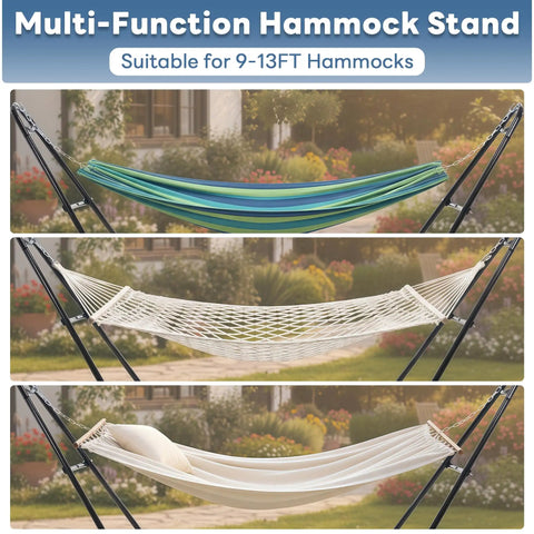 Heavy Duty Universal Double Hammock Stand For Two People, Steel Indoor Outdoor Frame with various hammocks, garden setting
