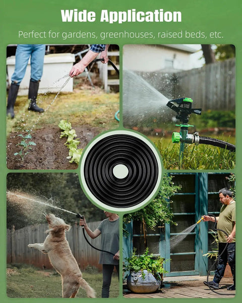 Half Inch Drip Irrigation Tubing Main Line 25 Ft Flexible PVC Garden System in use for lawn and garden watering.