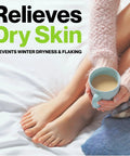 Person holding mug in cozy setting, text about relieving dry skin, image related to Six Pack Premium Humidifier Filters For Honeywell HAC 504 Series And HCM 350 Cool Mist Humidifiers Replacement For HAC 504AW And HAC 504V1 Durable High Quality Filters That Maximize Moisture Output.