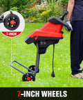 Side view of Heavy Duty 15 Amp Wood Chipper Shredder Mulcher With 1.77 Inch Cutting Capacity showcasing 7-inch wheels.