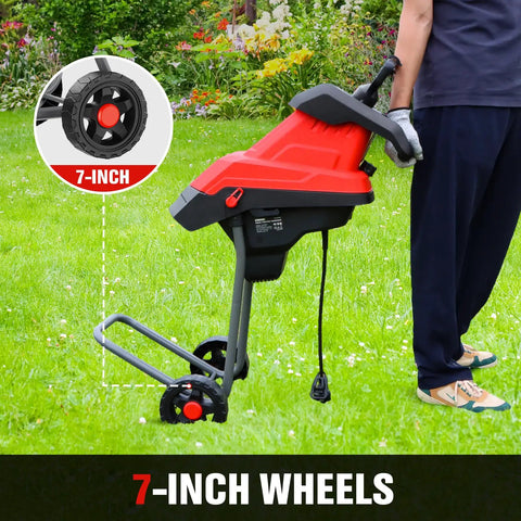 Side view of Heavy Duty 15 Amp Wood Chipper Shredder Mulcher With 1.77 Inch Cutting Capacity showcasing 7-inch wheels.