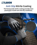 Pair of grey and black cut-resistant work gloves with honeycomb nitrile coating gripping a tire iron, Built Tough Cut Resistant Work Gloves With HPPE And Metal Yarn Blend, Nitrile Honeycomb Coating For EN388 Level D Protection, ANSI A4, Breathable, Touchscreen Compatible, Reinforced Thumb, 3D Comfort Fit For Mechanical Tasks.