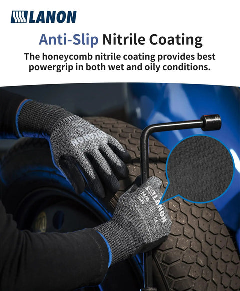 Pair of grey and black cut-resistant work gloves with honeycomb nitrile coating gripping a tire iron, Built Tough Cut Resistant Work Gloves With HPPE And Metal Yarn Blend, Nitrile Honeycomb Coating For EN388 Level D Protection, ANSI A4, Breathable, Touchscreen Compatible, Reinforced Thumb, 3D Comfort Fit For Mechanical Tasks.