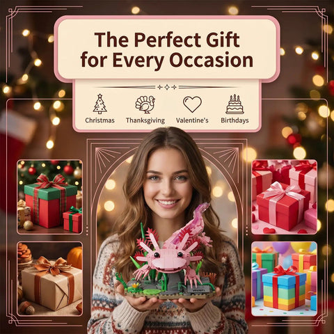 Smiling person holding Pink Axolotl Building Block Set 998 Pieces 1 To 1 Scale Amphibian Model Kit, ideal gift idea.