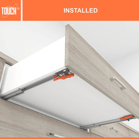 Under Mount Drawer Slide Three Quarter Inch Self Close, 18 Inch, Six Pairs, Concealed Soft Close Drawer Runners installed in cabinet