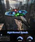 Foam RC Airplane With Dazzling LED Lights For Night Missions 360 Degree Flips and Headless Mode soaring over cityscape