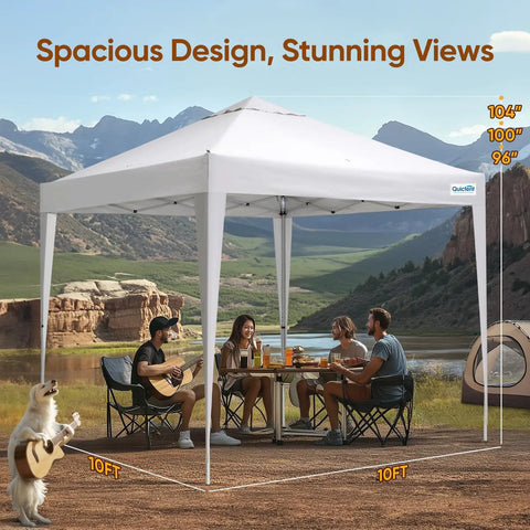 Group under a 10x10 Pop Up Canopy Tent Without Sidewalls, Instant Setup Gazebo For One Person, camping by a scenic landscape.